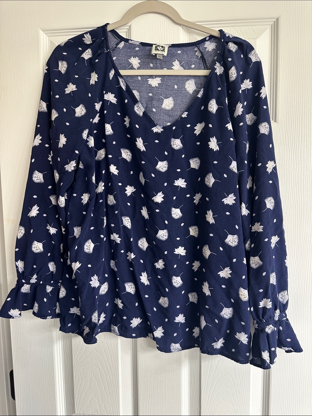 Anne Klein Navy V-Neck Floral Ruffle Sleeve Blouse